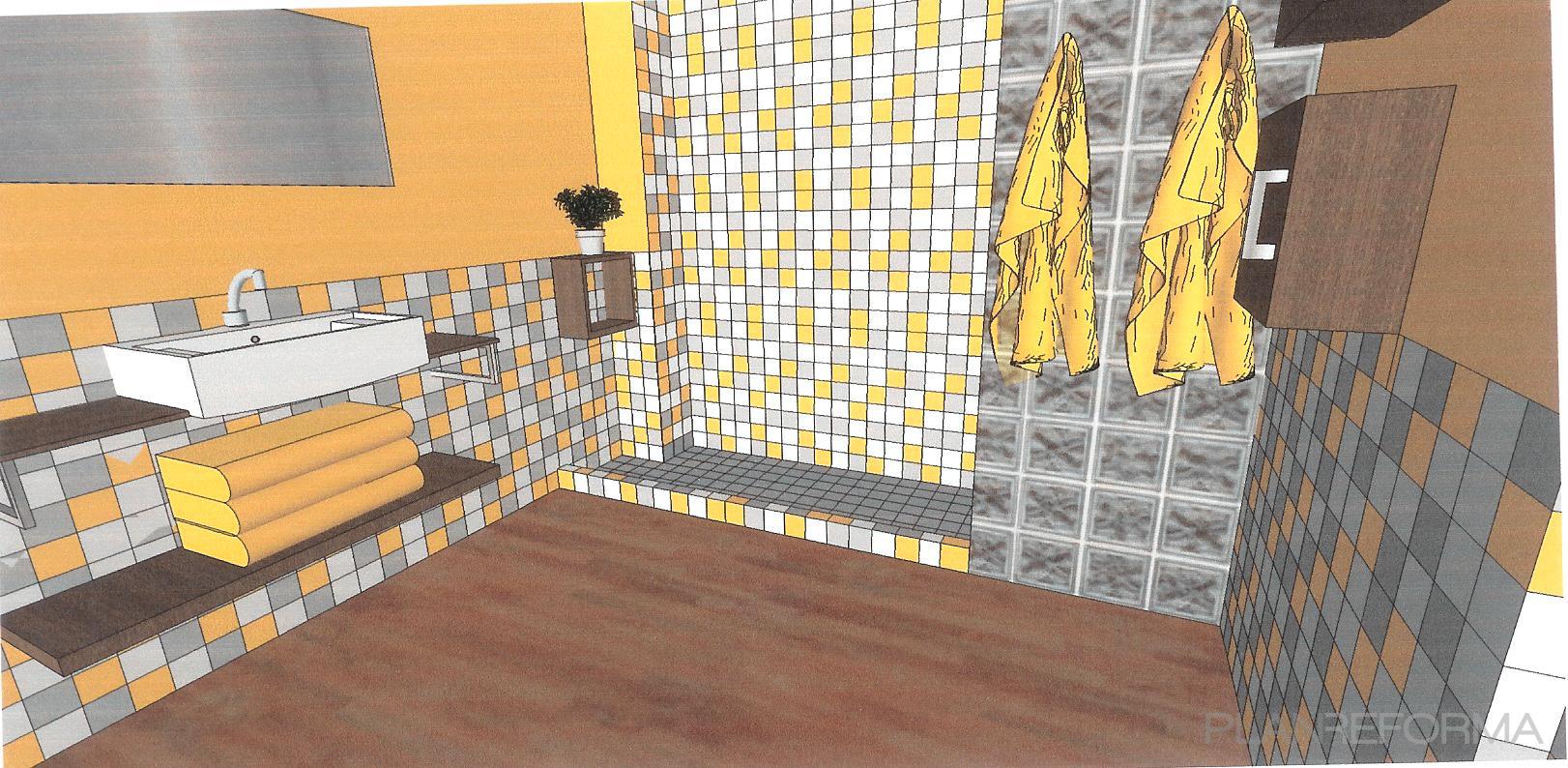 Baño style tradicional color ocre, amarillo, marron, gris  diseñado por Estudio Plano 0 | Interiorista | Copyright Si