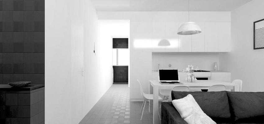 Cocina, Salon Estilo contemporaneo Color blanco, gris, gris  diseñado por Luis Sanchez Olivares | Arquitecto 