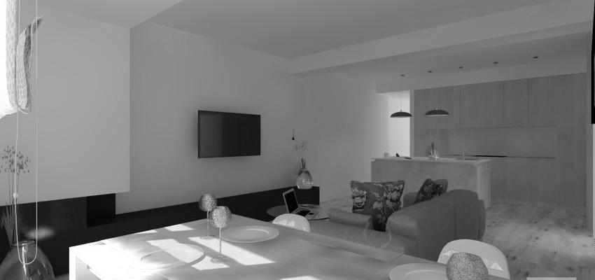 Cocina, Salon Estilo contemporaneo Color beige, blanco, gris  diseñado por Luis Sanchez Olivares | Arquitecto 