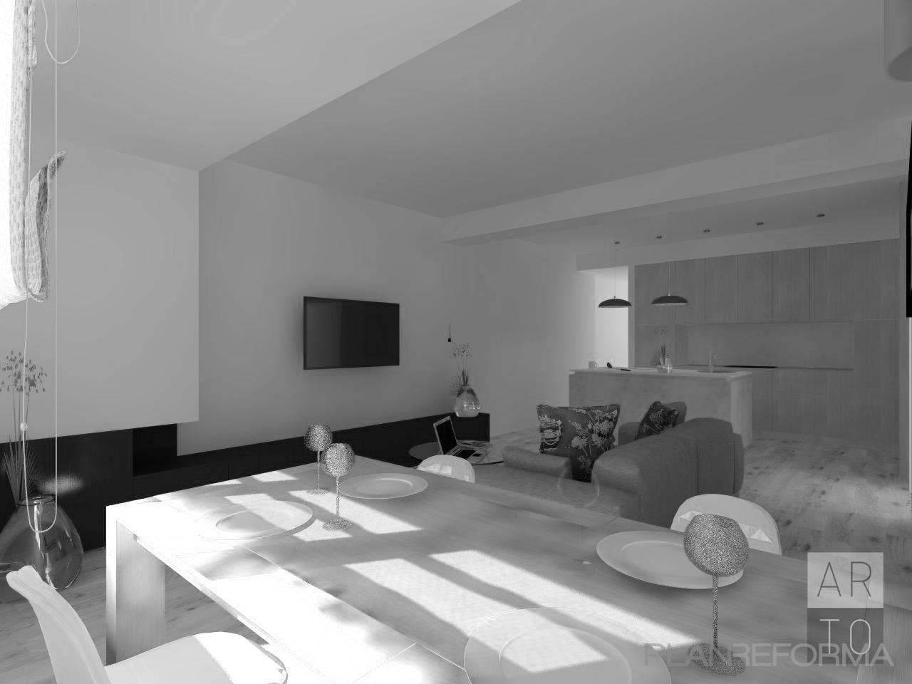 Cocina, Salon Estilo contemporaneo Color beige, blanco, gris  diseñado por Luis Sanchez Olivares | Arquitecto 