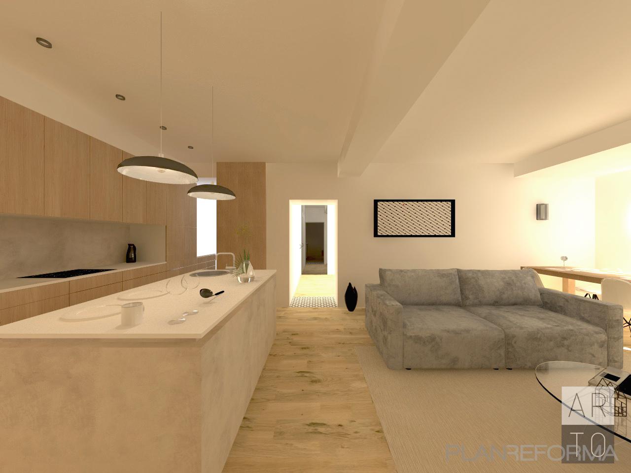 Comedor, Cocina, Salon Estilo contemporaneo Color beige, gris, bronce  diseñado por Luis Sanchez Olivares | Arquitecto 