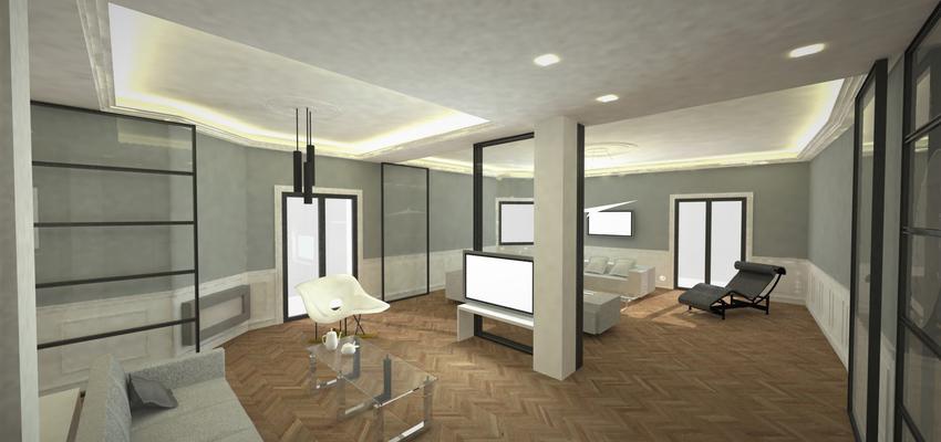 Comedor, Sala de la TV, Pasillo Estilo clasico Color blanco, gris, negro  diseñado por Marce Rodriguez | Arquitecto 