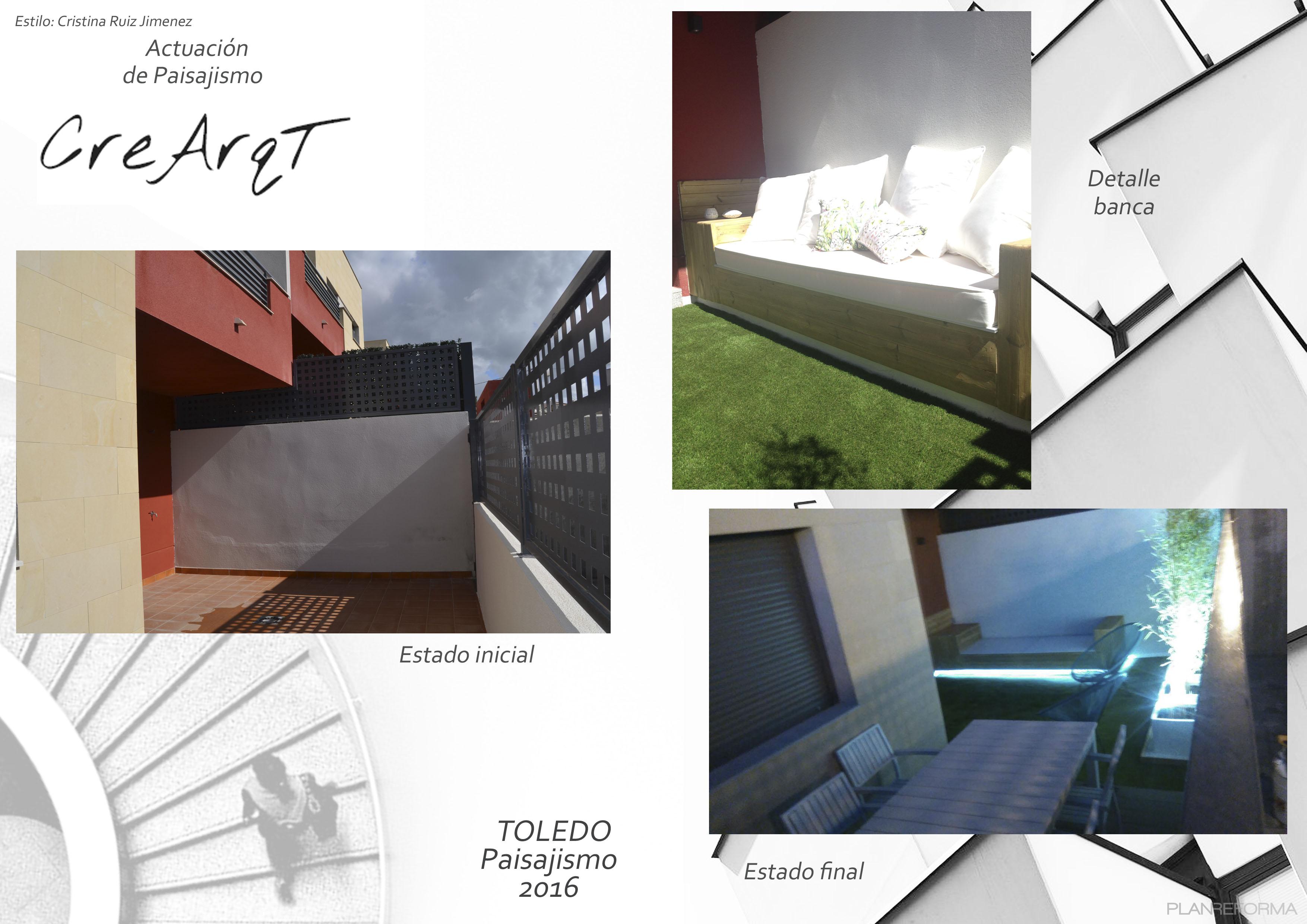 Exterior Estilo moderno Color verde, marron, plateado  diseñado por CRISTINA RUIZ JIMENEZ | Arquitecto Técnico | Copyright Actuacion de paisajista en un pequeño patio