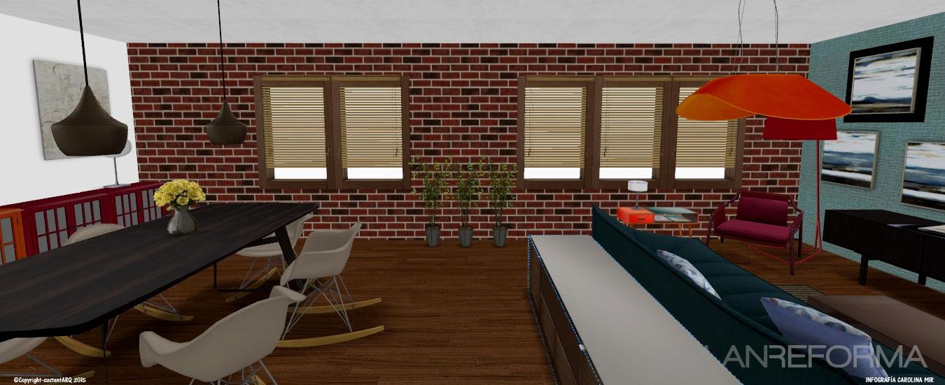 Salon Estilo contemporaneo Color rojo, marron, marron, blanco, gris  diseñado por sustentARQ | Arquitecto 