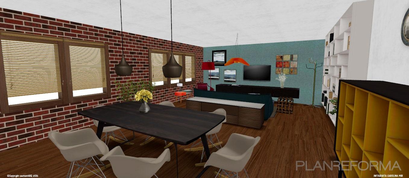 Salon Estilo contemporaneo Color turquesa, marron, marron, blanco  diseñado por sustentARQ | Arquitecto 