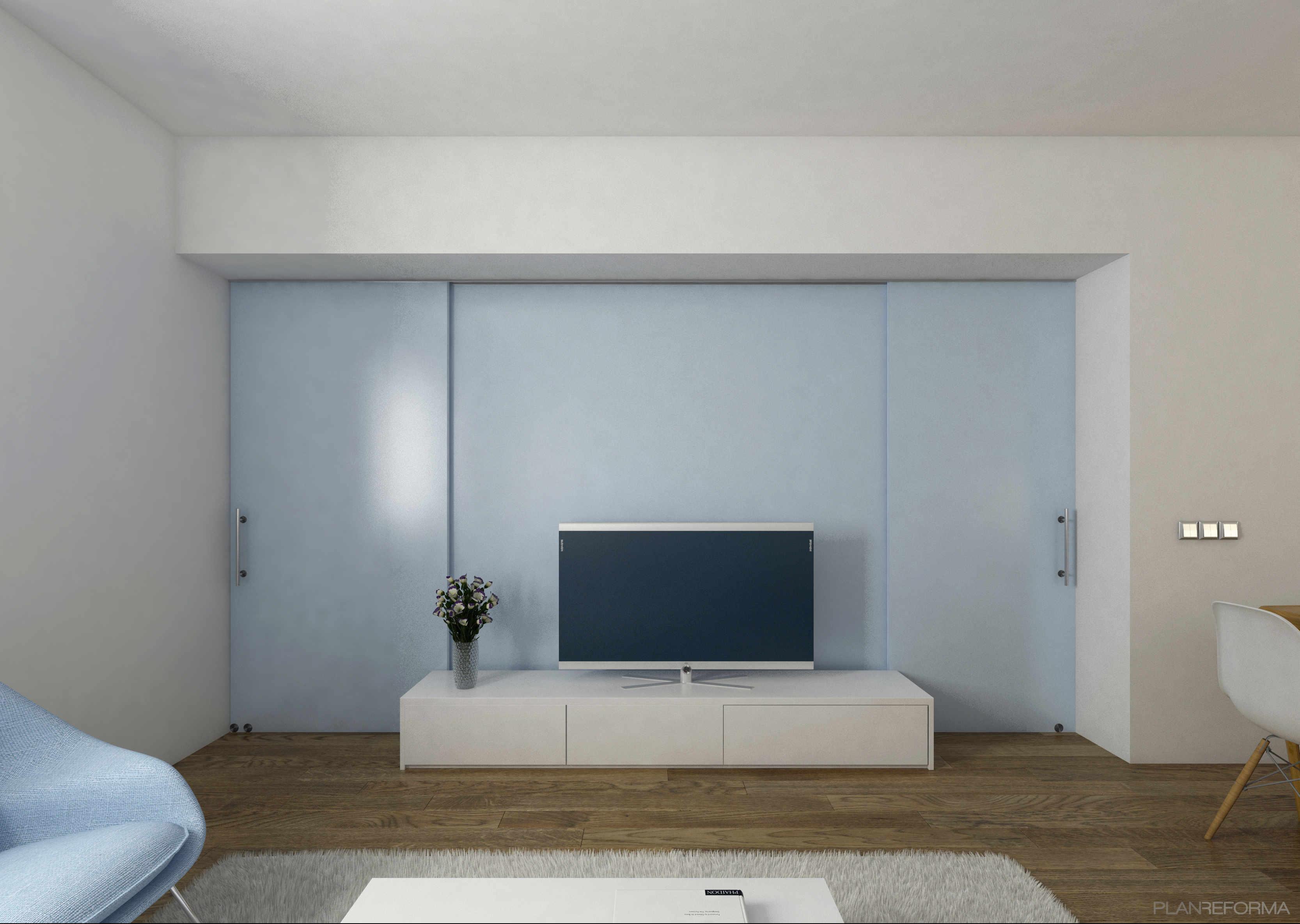 Sala de la TV, Salon Estilo moderno Color azul cielo, marron, blanco, gris  diseñado por LOTO archilab | Arquitecto 