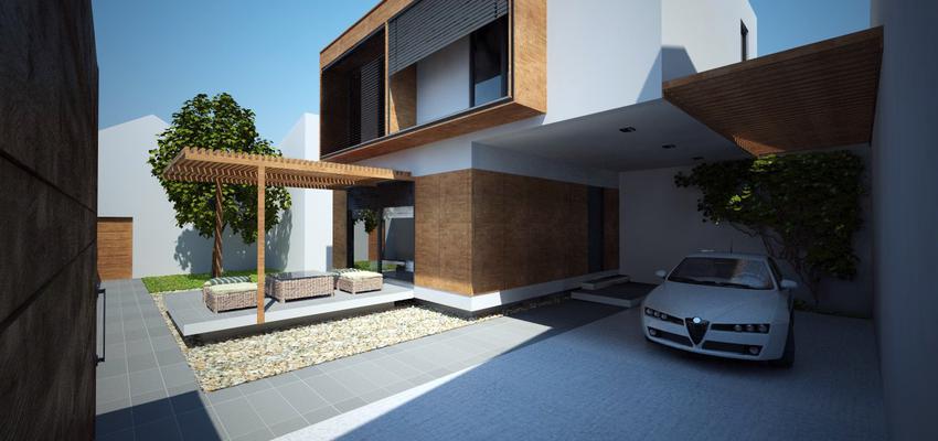 Recibidor, Garaje, Porche, Exterior style mediterraneo color marron, blanco, gris  diseñado por Made_ll by J.Enrique Leo López | Arquitecto 