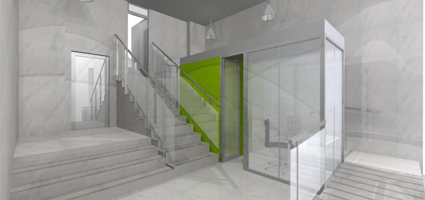 Vestibulo, Escalera style moderno color verde, gris, gris  diseñado por TOLMO arquitectos | Arquitecto 