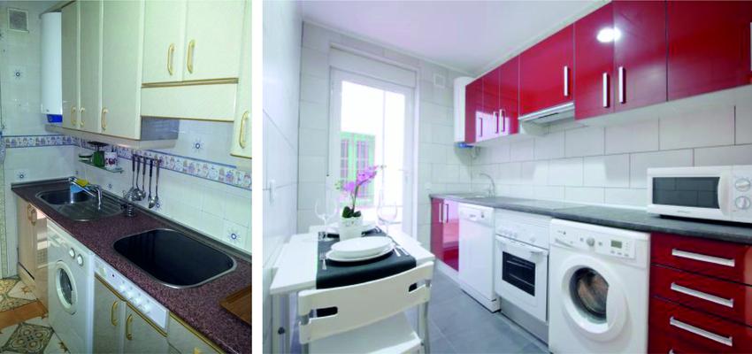 Cocina style contemporaneo color rojo, blanco, gris  diseñado por MPC_Arquitecto | Arquitecto | Copyright Propietario de la imagen ANTES: Miguel Pérez, Propietario de la imagen DESPUES: propietario del piso, José Sillero (Autorizado)