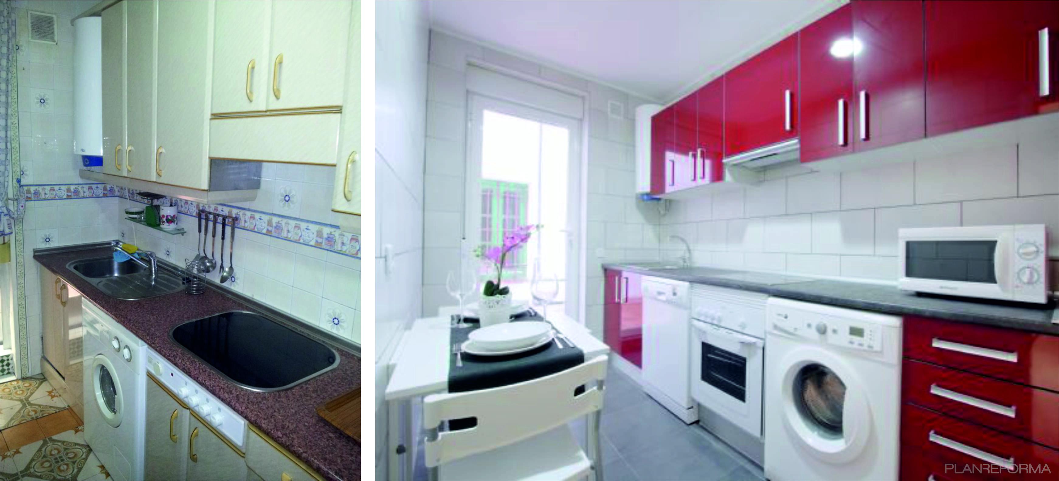 Cocina style contemporaneo color rojo, blanco, gris  diseñado por MPC_Arquitecto | Arquitecto | Copyright Propietario de la imagen ANTES: Miguel Pérez, Propietario de la imagen DESPUES: propietario del piso, José Sillero (Autorizado)