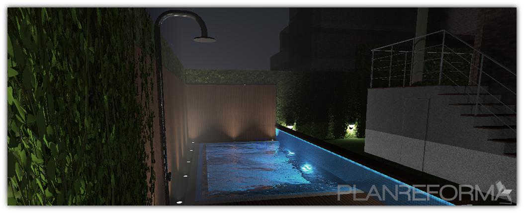 Piscina, Exterior, Jardin style moderno color azul, marron, marron, gris  diseñado por [ interitect ] | Interiorista | Copyright Rubén Couso
