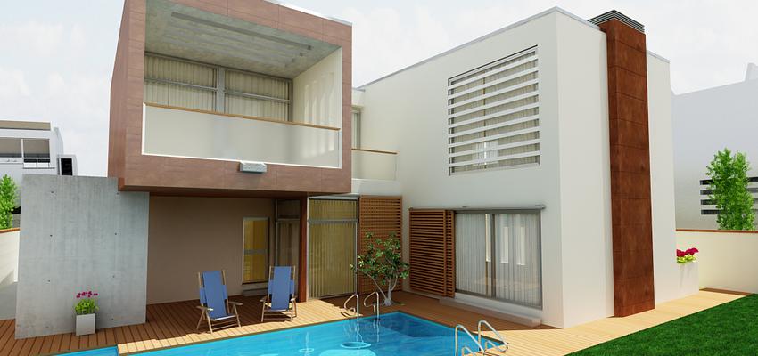 Balcon, Patio, Piscina style moderno color marron, azul, marron, blanco  diseñado por Disev Arquitectura | Arquitecto 