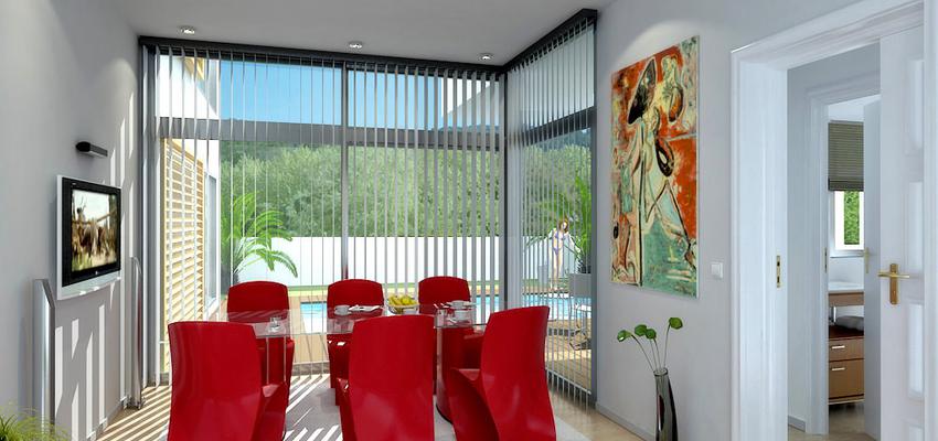 Comedor, Sala de la TV, Sala de musica Estilo contemporaneo Color rojo, blanco, negro  diseñado por Disev Arquitectura | Arquitecto 