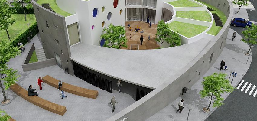 Vestibulo, Exterior Estilo vanguardista Color verde, azul oscuro, rosa, blanco, gris  diseñado por Disev Arquitectura | Arquitecto 