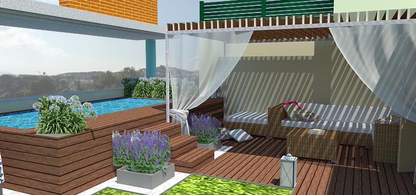 Terraza, Piscina, Porche style contemporaneo color verde, azul, marron  diseñado por Eva Vidal Mateu - Taller de Paisatge | Paisajista 