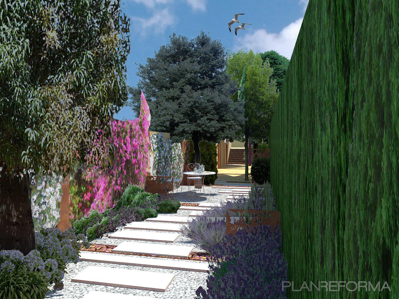 Patio, Jardin style mediterraneo color verde, rosa, blanco  diseñado por Eva Vidal Mateu - Taller de Paisatge | Paisajista | Copyright www.tallerdepaisatge.com