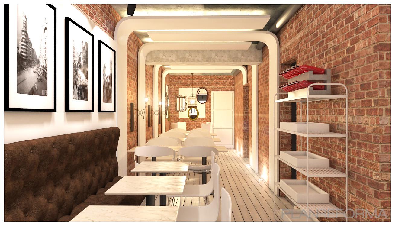 Restaurante style eclectico color marron, marron, blanco, gris, negro  diseñado por janunciba | Interiorista | Copyright Es una imagen mía