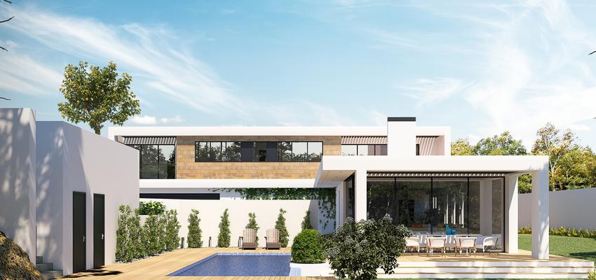 Piscina, Porche, Exterior Estilo contemporaneo Color verde, azul, plateado  diseñado por Barceló Arquitectos | Arquitecto | Copyright Barceló Arquitectos