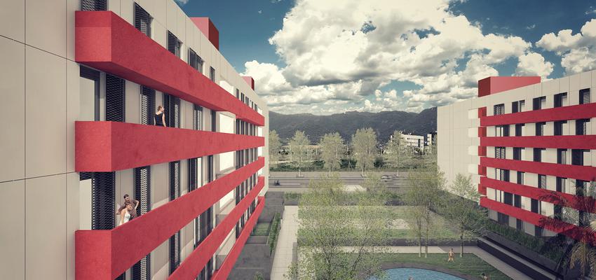 Balcon, Piscina, Exterior Estilo moderno Color rojo  diseñado por b43 arquitectos | Arquitecto 