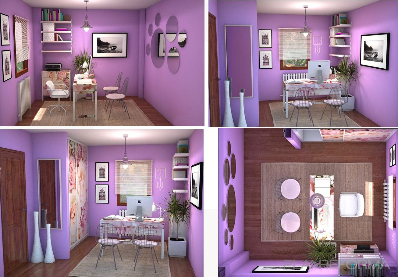 Oficina style contemporaneo color violeta, marron, marron  diseñado por Arantxa Amor | Interiorista | Copyright Infografías de diseño propio