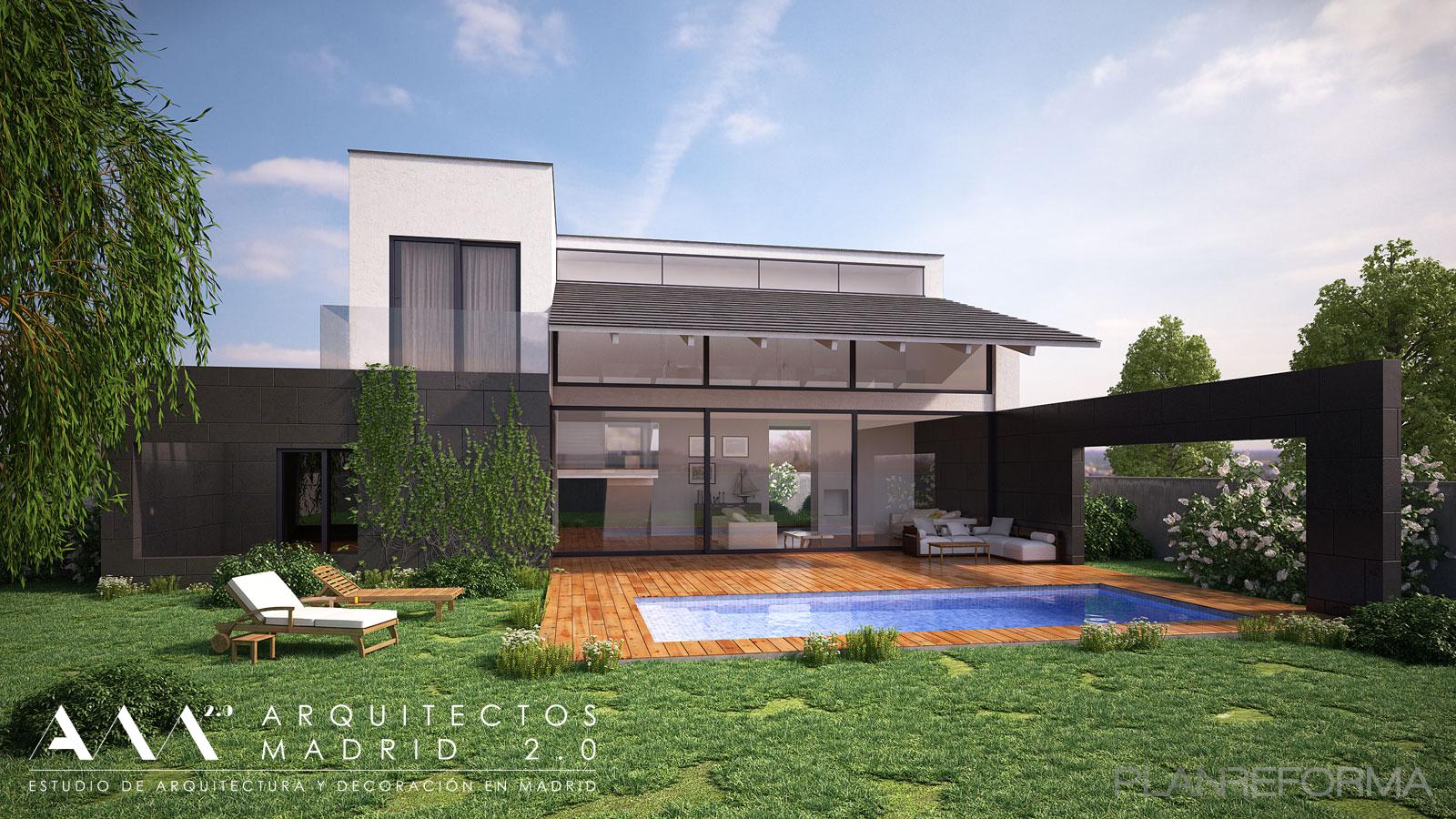 Piscina, Exterior, Jardin style moderno color marron, blanco, gris  diseñado por Arquitectos Madrid 2.0 | Arquitecto 