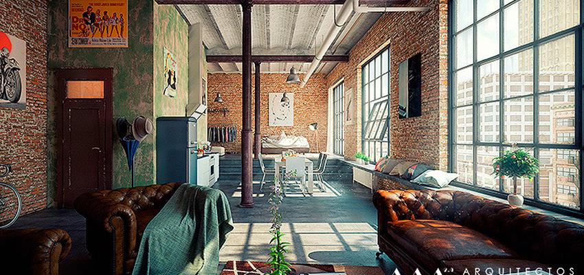 Loft style vintage color verde, marron, marron, blanco, gris  diseñado por Arquitectos Madrid 2.0 | Arquitecto 