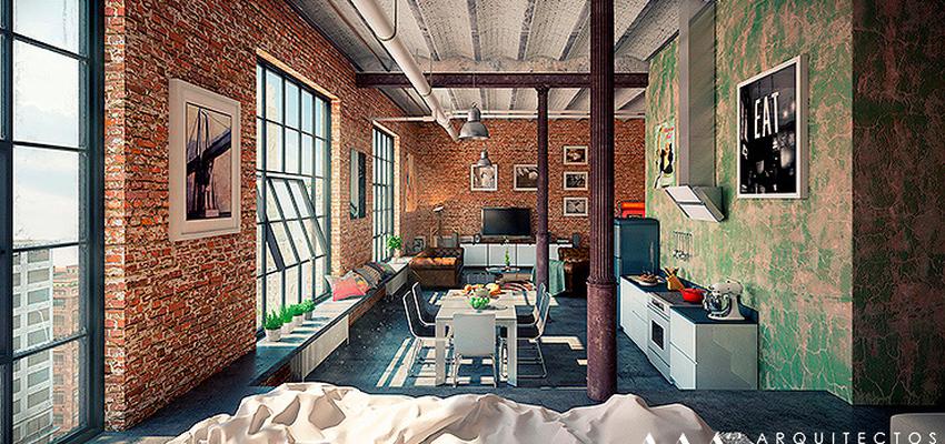 Loft style vintage color verde, marron, marron, blanco, gris  diseñado por Arquitectos Madrid 2.0 | Arquitecto 