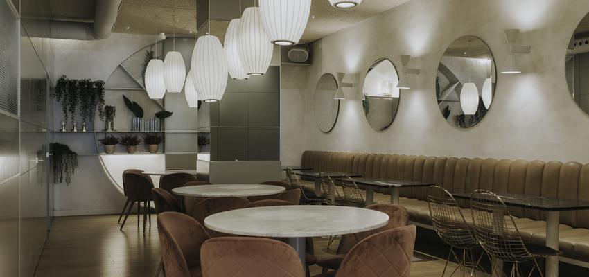 Restaurante, Bar, Hotel Estilo moderno Color rosa, verde, beige  diseñado por PERSPECTIVA MOMA | Interiorista | Copyright PERSPECTIVA MOMA