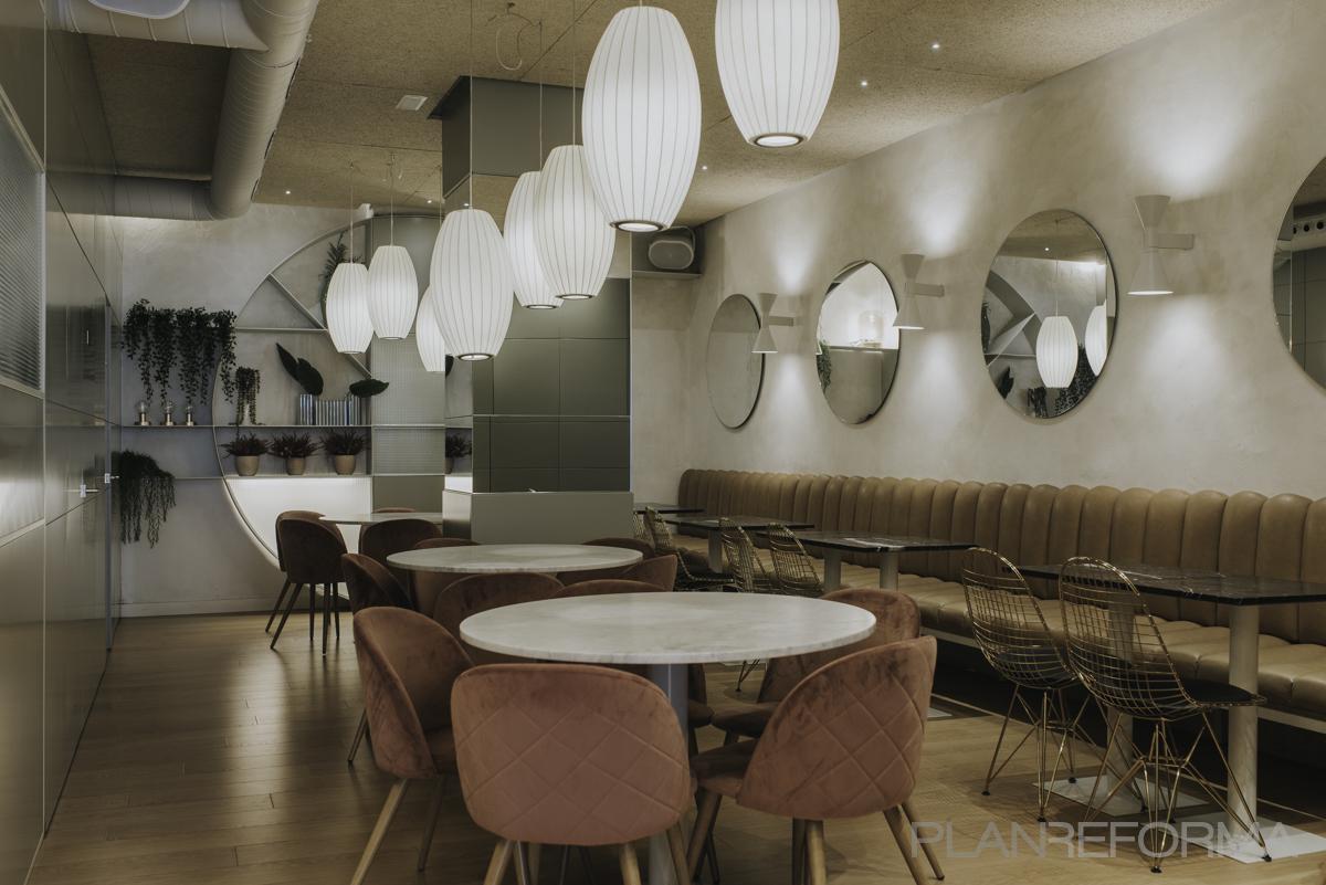 Restaurante, Bar, Hotel Estilo moderno Color rosa, verde, beige  diseñado por PERSPECTIVA MOMA | Interiorista | Copyright PERSPECTIVA MOMA