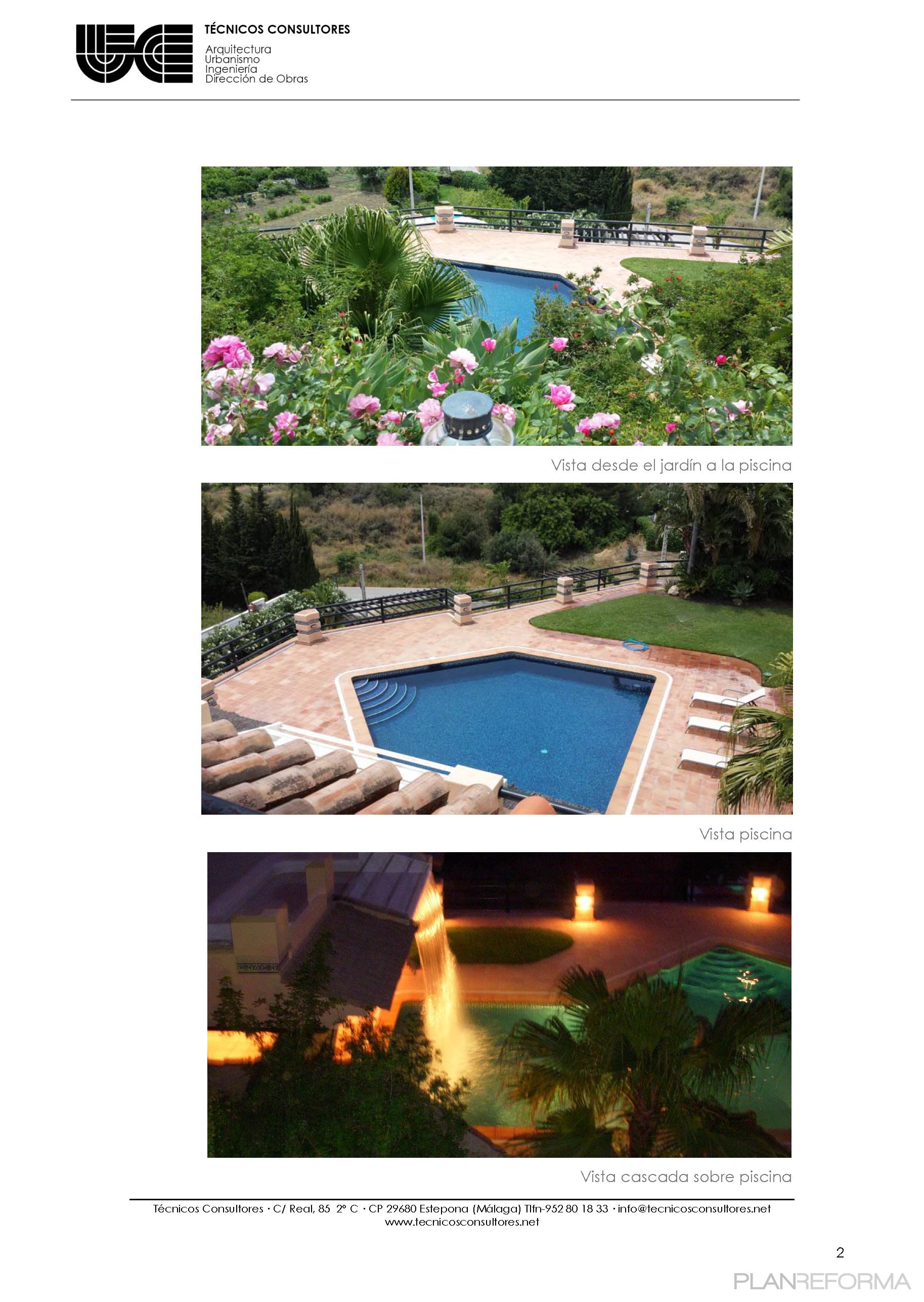 Patio, Piscina, Porche, Exterior, Jardin style mediterraneo color verde, verde, azul cielo, beige, blanco  diseñado por Técnicos Consultores. Estudio de Arquitectura | Arquitecto 