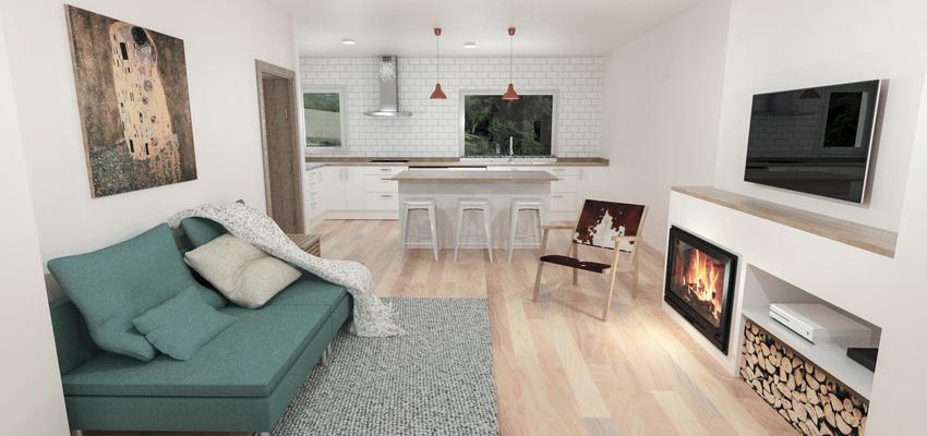 Cocina, Salon Estilo moderno Color marron, turquesa, blanco  diseñado por Samuel Ferreiro | Gremio | Copyright Creado por Isabella Hincapie Zuleta (imagen 3D)