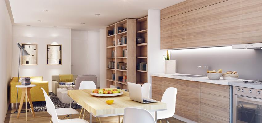 Comedor, Cocina, Salon Estilo moderno Color amarillo, marron, blanco, gris  diseñado por Goko | Arquitecto | Copyright goko- Bettina Koroluk-Claudio Gonzalez