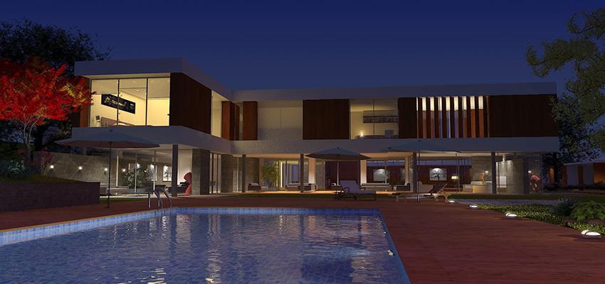 Piscina, Exterior, Galería style moderno color azul oscuro, blanco, bronce  diseñado por Goko | Arquitecto 