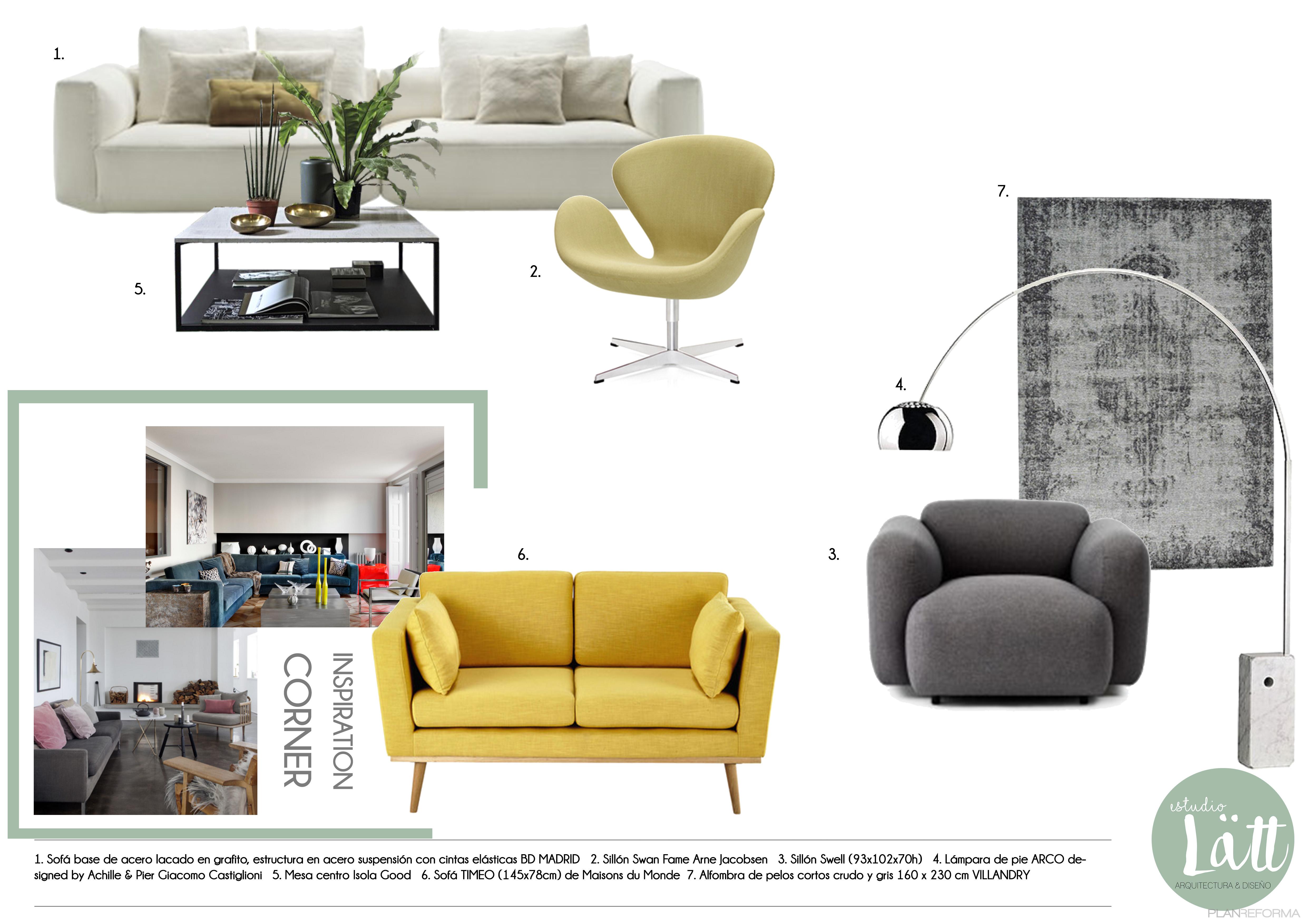 Salon Estilo moderno Color blanco, gris, dorado  diseñado por María Marcos | Arquitecto | Copyright Estudio Lätt