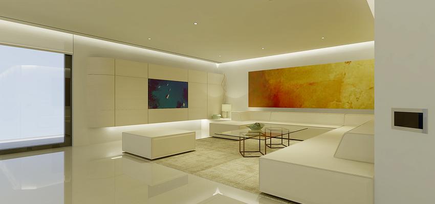 Salon Estilo moderno Color beige, blanco, dorado  diseñado por Sergio Díaz Serrano • Serrano Arquitectura Técnica • Serrano Interiorismo | Arquitecto Técnico 