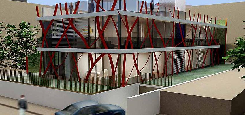 Exterior Estilo moderno Color rojo, verde, marron, blanco, gris  diseñado por José Ojeda | Arquitecto | Copyright Render Max Pardo