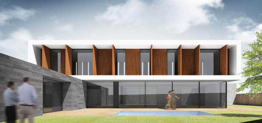 Terraza, Porche, Exterior style moderno color marron, blanco, gris  diseñado por 08023 Architects | Arquitecto 