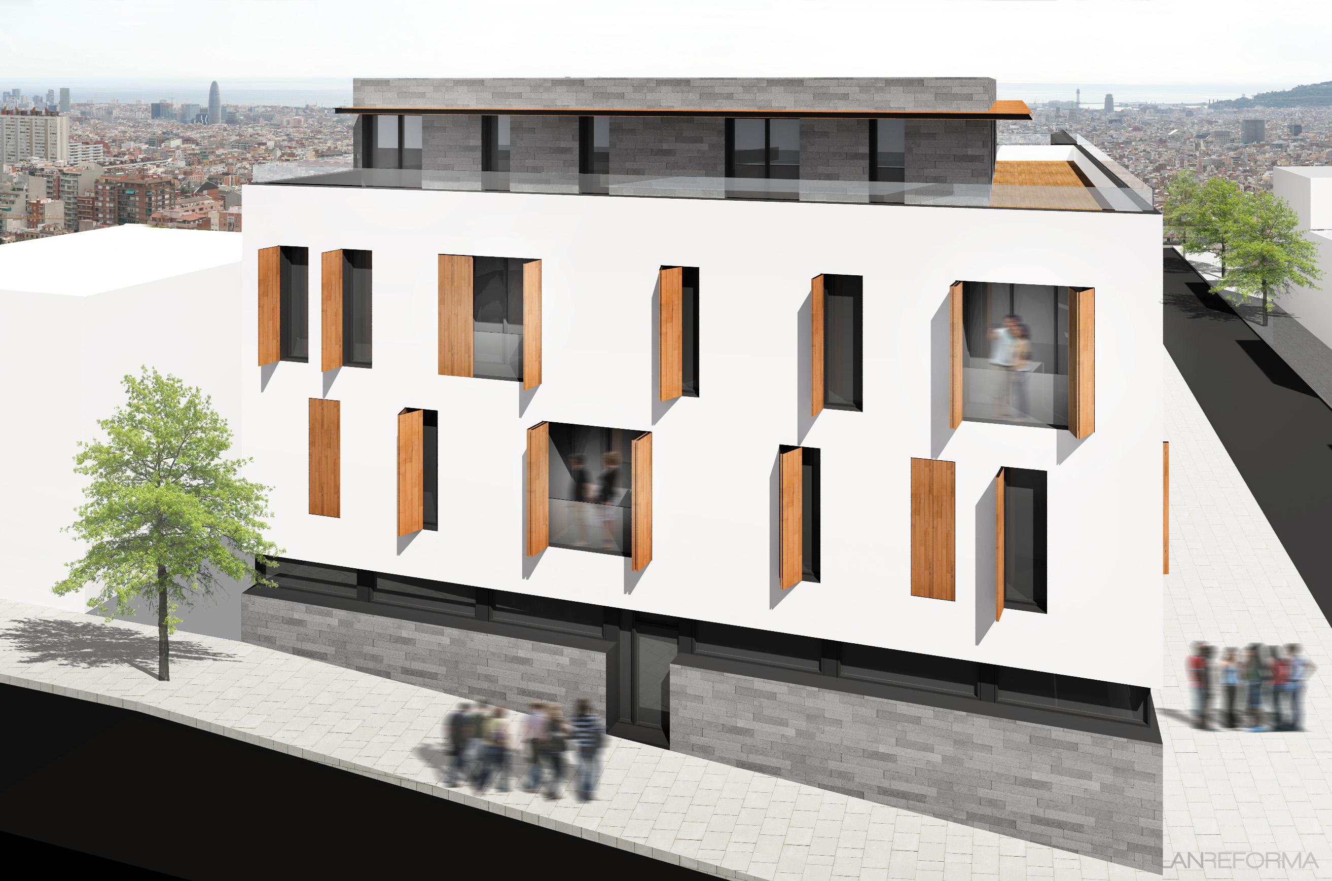 Balcon, Exterior style moderno color marron, blanco, gris, gris  diseñado por 08023 Architects | Arquitecto 