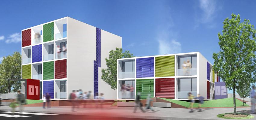 Exterior, Niños, Jardin style vanguardista color rojo, verde, azul, blanco, gris  diseñado por 08023 Architects | Arquitecto 