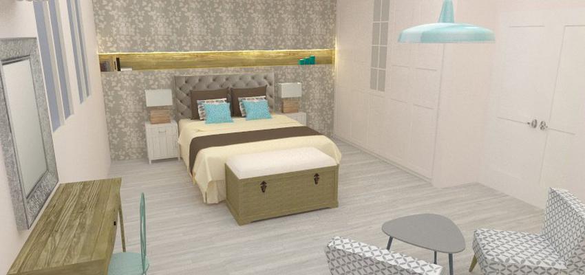 Dormitorio, Tocador Estilo contemporaneo Color azul cielo, beige, gris  diseñado por AIMA Estudio - Ana L. Padilla | Arquitecto | Copyright AIMA Arquitectura e Ingeniería S.L.