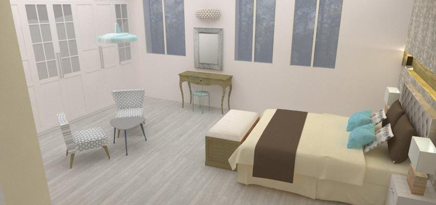 Dormitorio, Tocador Estilo contemporaneo Color azul cielo, beige, gris  diseñado por AIMA Estudio - Ana L. Padilla | Arquitecto | Copyright AIMA Arquitectura e Ingeniería S.L.