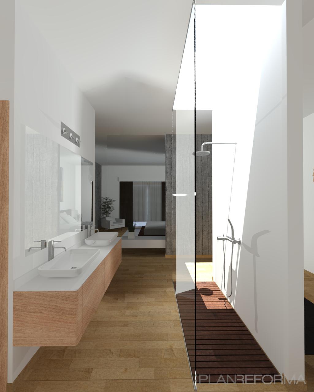Baño, Dormitorio Estilo moderno Color ocre, marron, gris  diseñado por Miquel | Arquitecto | Copyright propiedad de o+s arquitectos