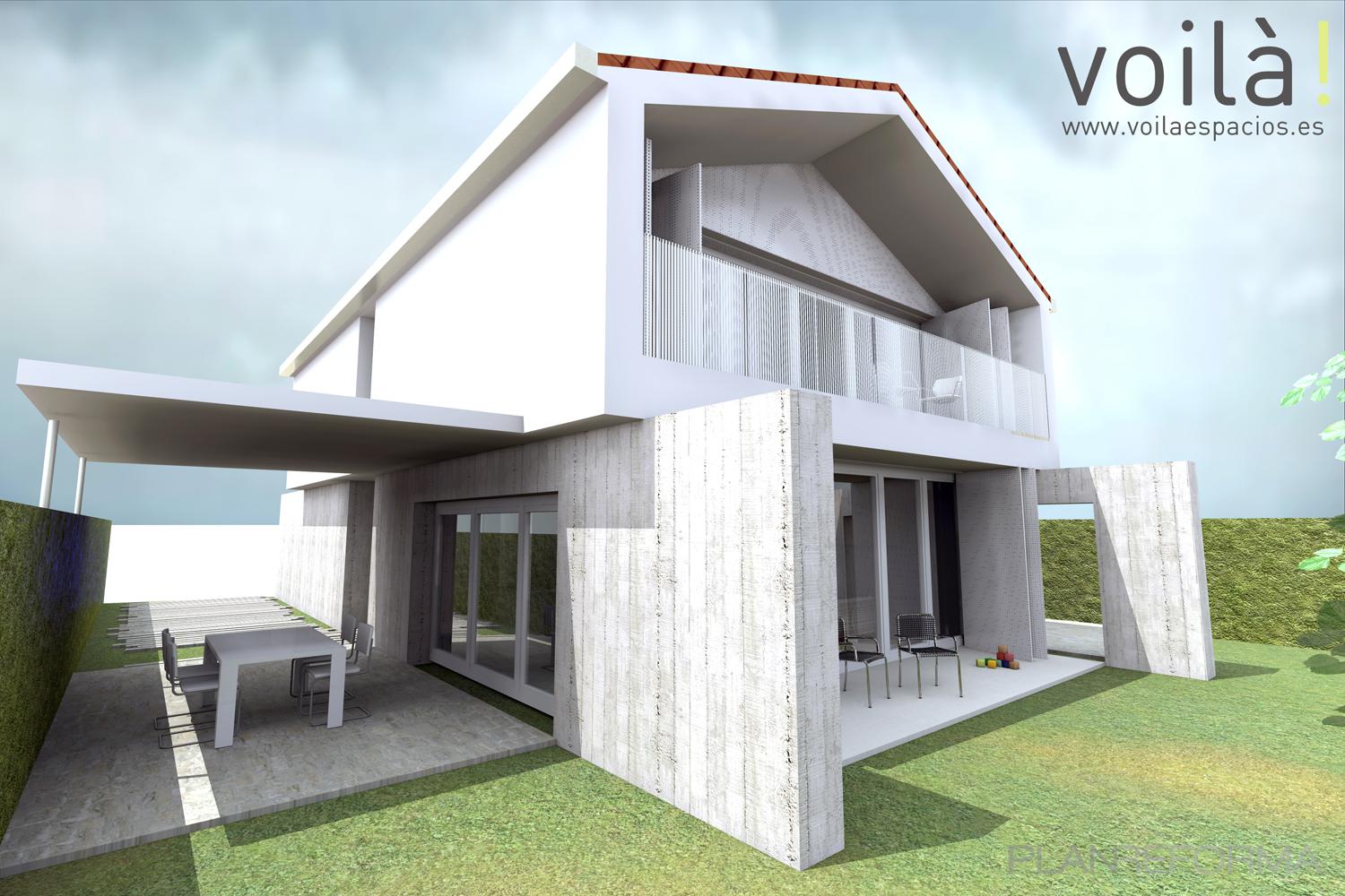 Terraza, Exterior, Jardin Estilo contemporaneo Color verde, blanco, gris  diseñado por voilà | Arquitecto 