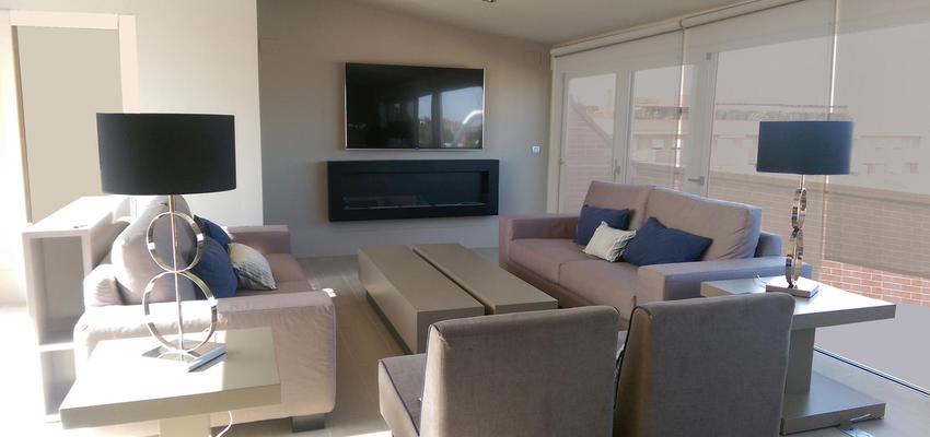 Sala de la TV Estilo contemporaneo Color azul oscuro, beige, gris  diseñado por RAQUEL CHAMORRO | Interiorista | Copyright RCH