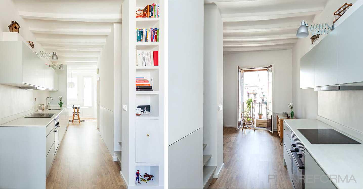 Comedor, Cocina, Salon style contemporaneo color azul cielo, blanco, gris  diseñado por ACABADOMATE | Arquitecto | Copyright Marcela Grassi fotográfa