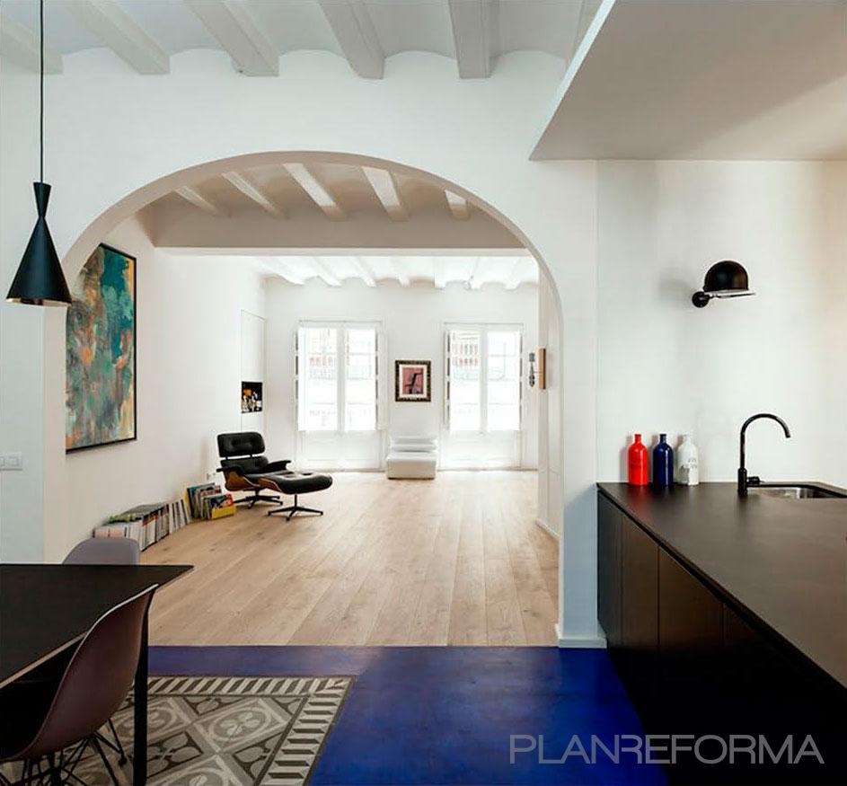 Cocina, Salon style contemporaneo color azul oscuro, blanco, negro  diseñado por ACABADOMATE | Arquitecto 