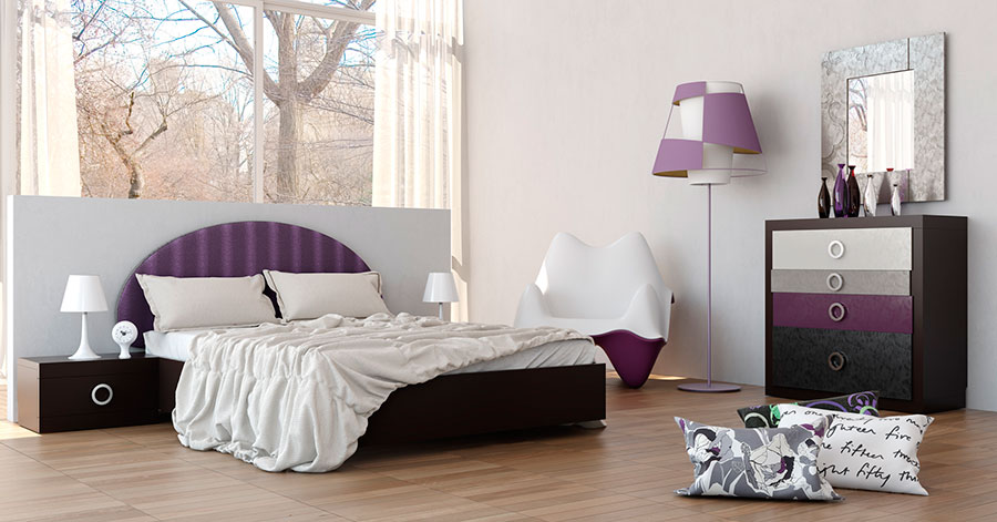 Dormitorio style contemporaneo color violeta, marron, blanco, plateado  diseñado por MUEBLES UTRILLA MOBILIARIO | Marca colaboradora | Copyright Utrilla Mobiliario