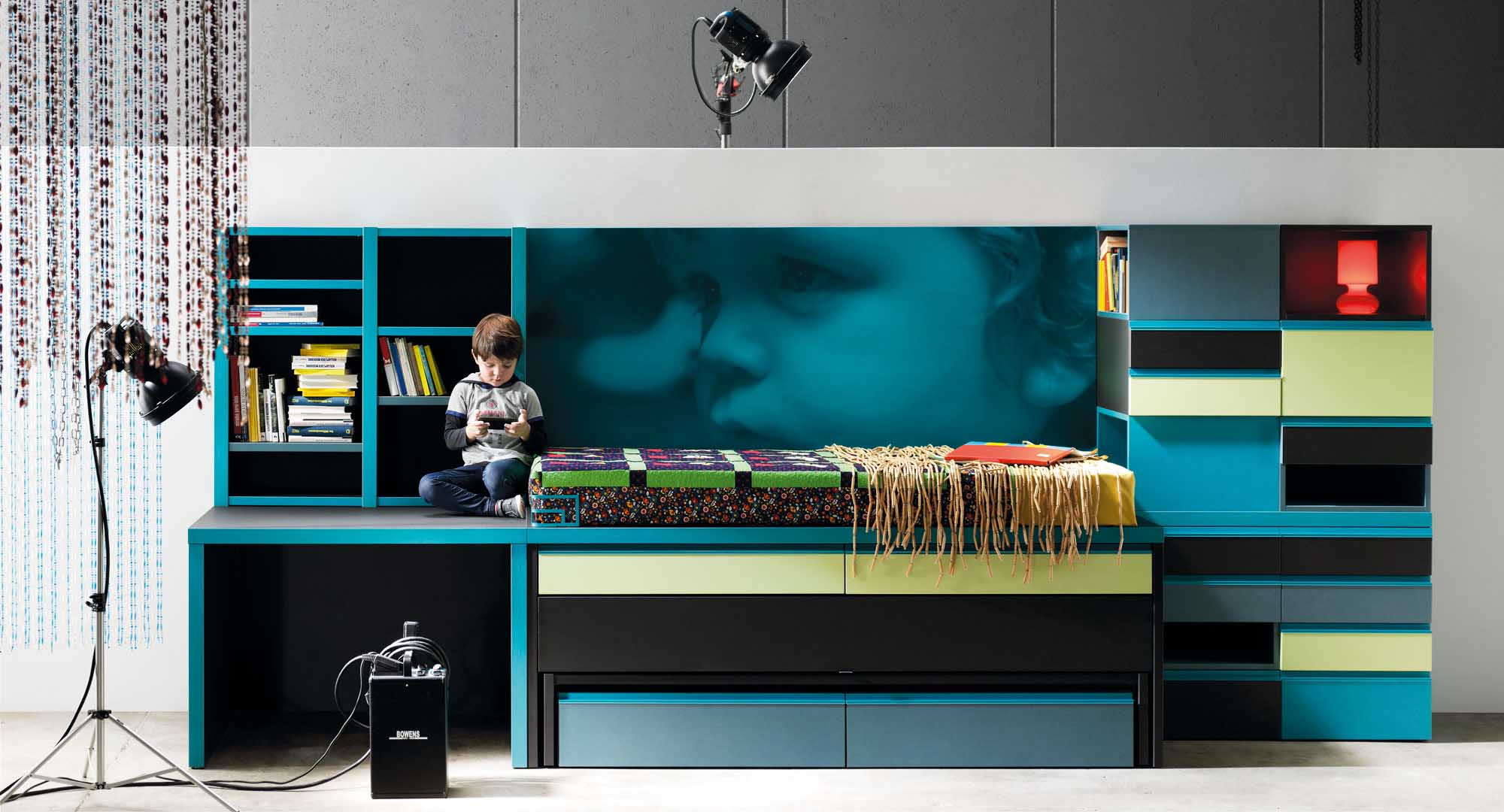 Dormitorio, Niños style moderno color amarillo, turquesa, negro  diseñado por MUEBLES LAGRAMA | Marca colaboradora | Copyright Lagrama