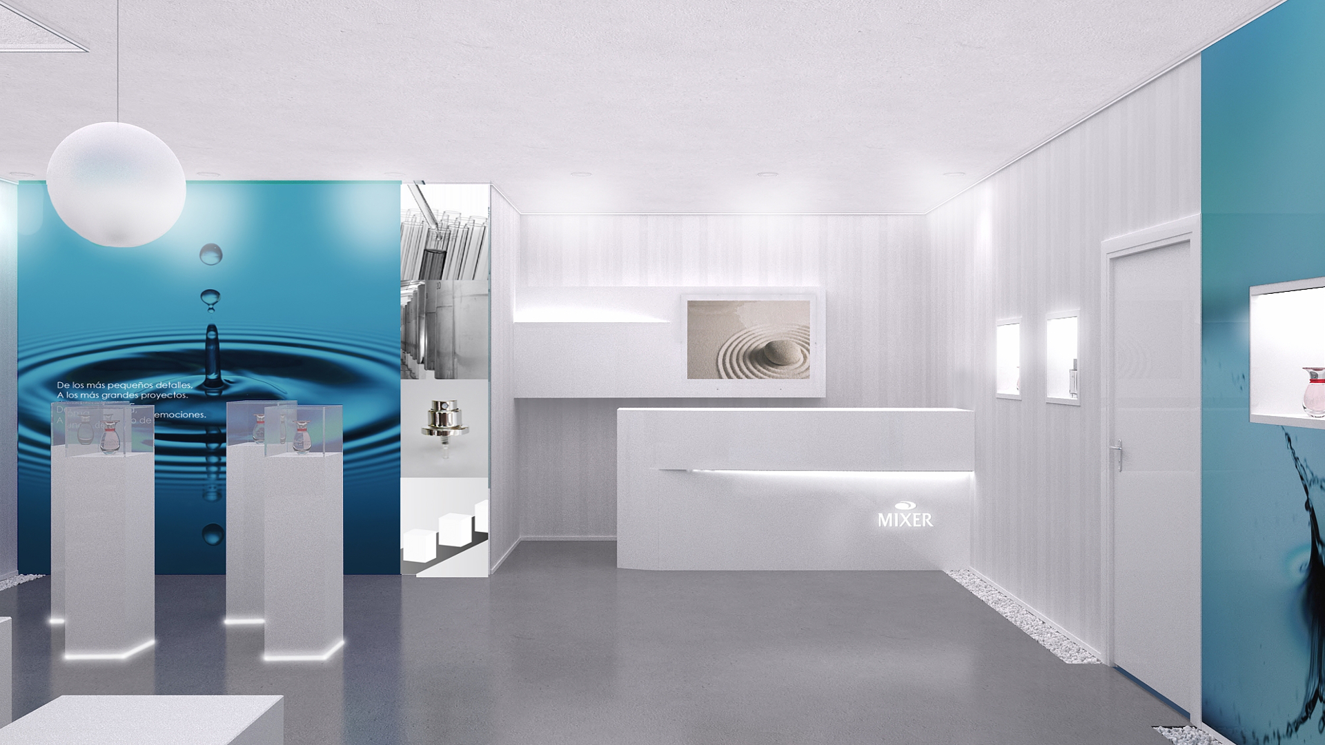 Oficina, Tienda style moderno color turquesa, blanco, gris, gris  diseñado por Icaras 3D | Marca colaboradora | Copyright Render realizado por Pablo A. martín (Icaras). Proyecto por MixerPack