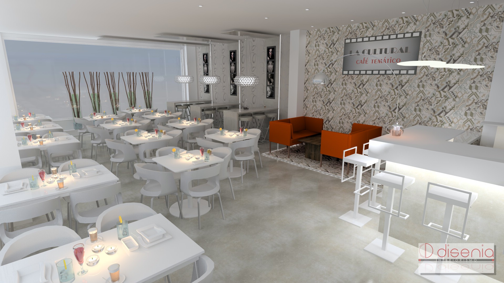 Cafeteria style contemporaneo color rojo, marron, beige, marron, blanco, gris, gris  diseñado por David Abad | Marca colaboradora 